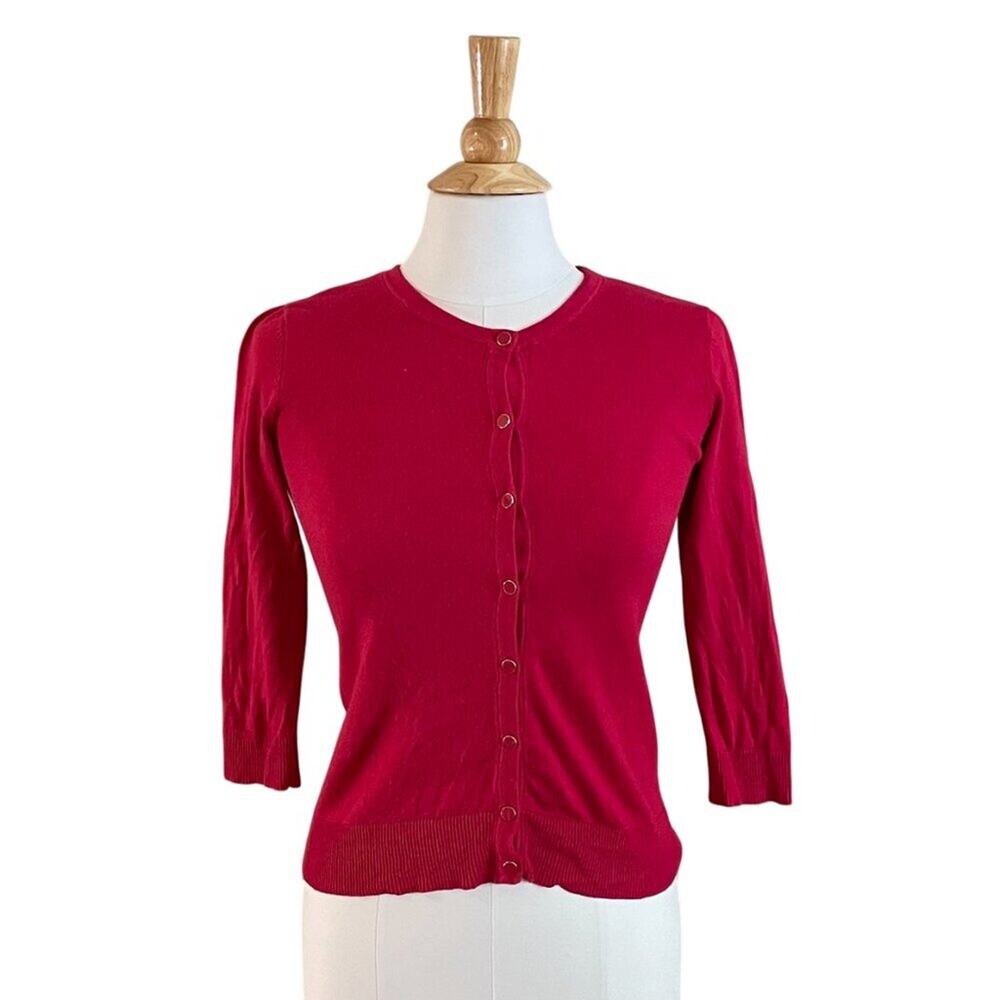 Cotton Blend Lightweight 3/4 Sleeve Red Crew Neck Cardigan Sweater, Size XS